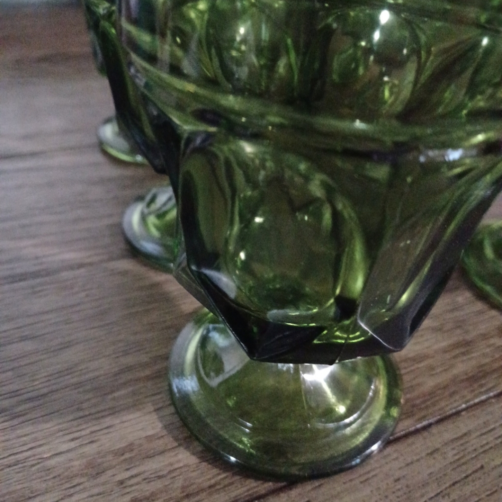 Vintage green glass goblets indiana heavy paneled thumbprint set of 6 - Picture 3 of 10